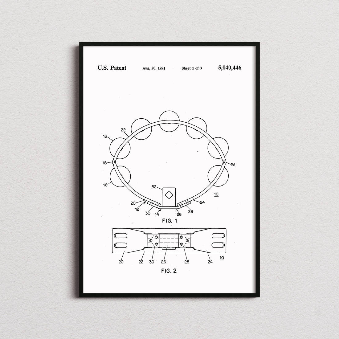 Tambourine Patent Print in the white colourway, framed