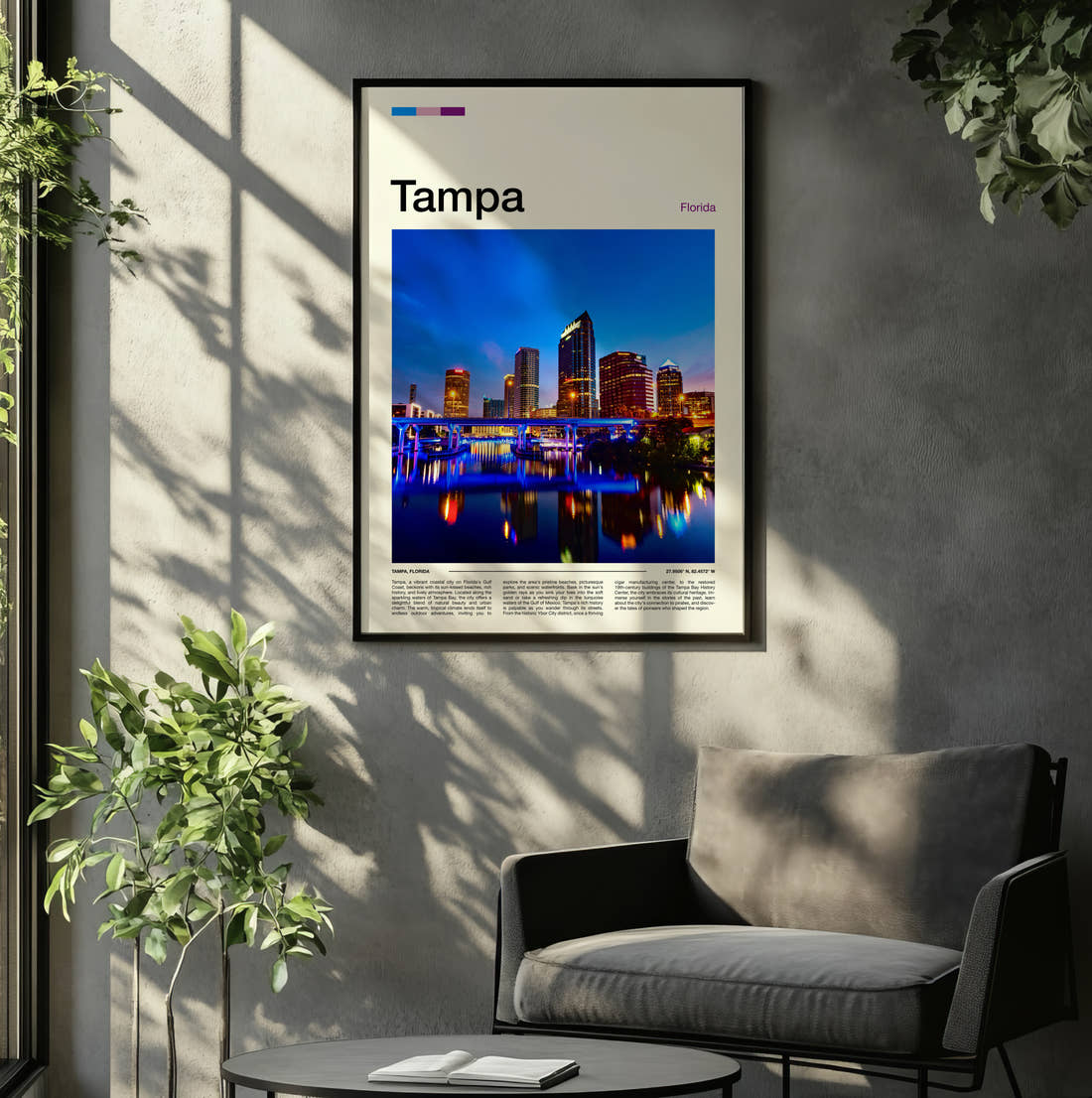 Tampa Night Skyline Travel Print framed on the wall of a relaxed living room