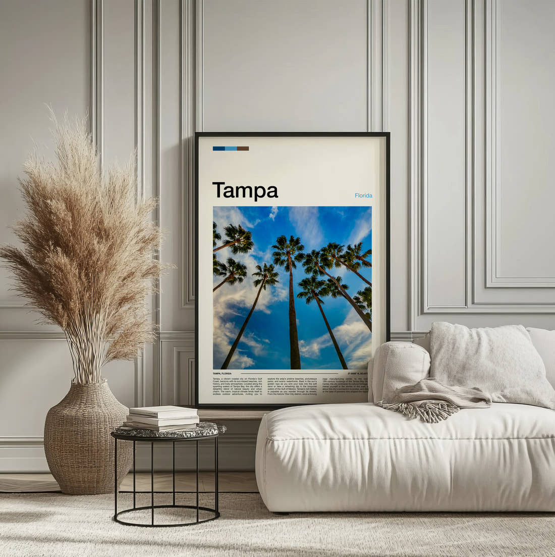 Tampa Palm Trees Travel Print framed on the wall of a calm, neutral bedroom