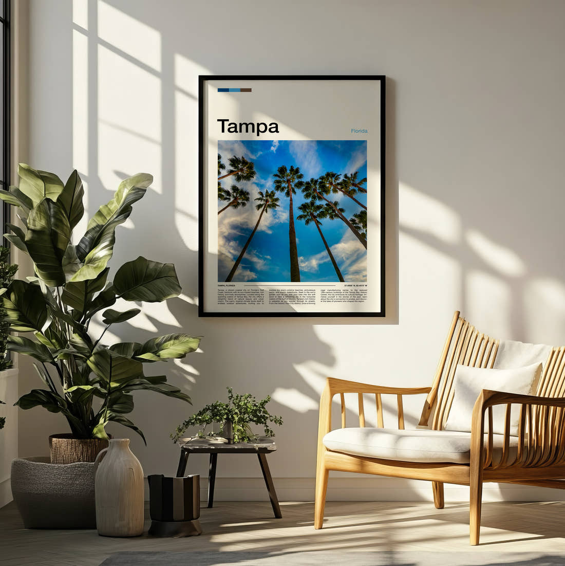 Tampa Palm Trees Travel Print framed on a pale wall beside houseplants