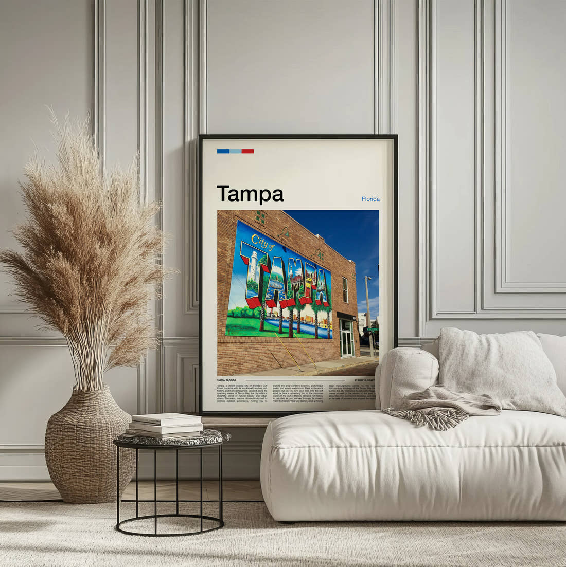 Tampa Painted Wall Mural Travel Print framed on the wall of a calm, neutral bedroom