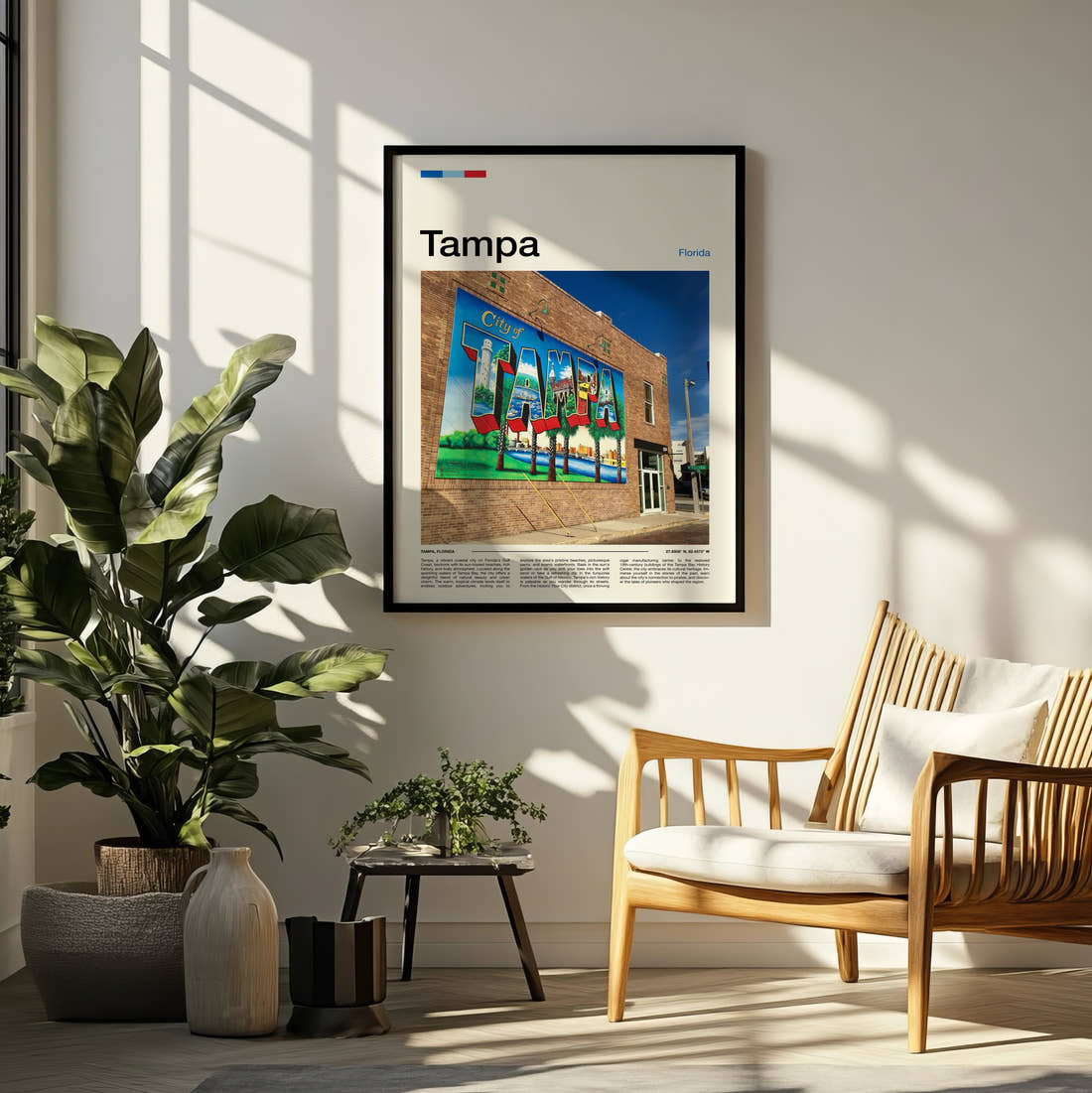 Tampa Painted Wall Mural Travel Print framed on a pale wall beside houseplants
