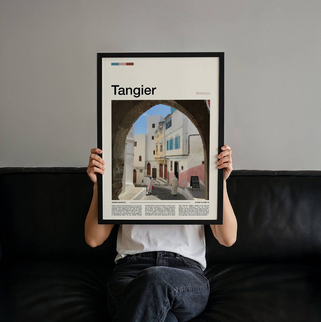 Tangier Archway In The Medina Travel Print held up by hand to show the size of the print
