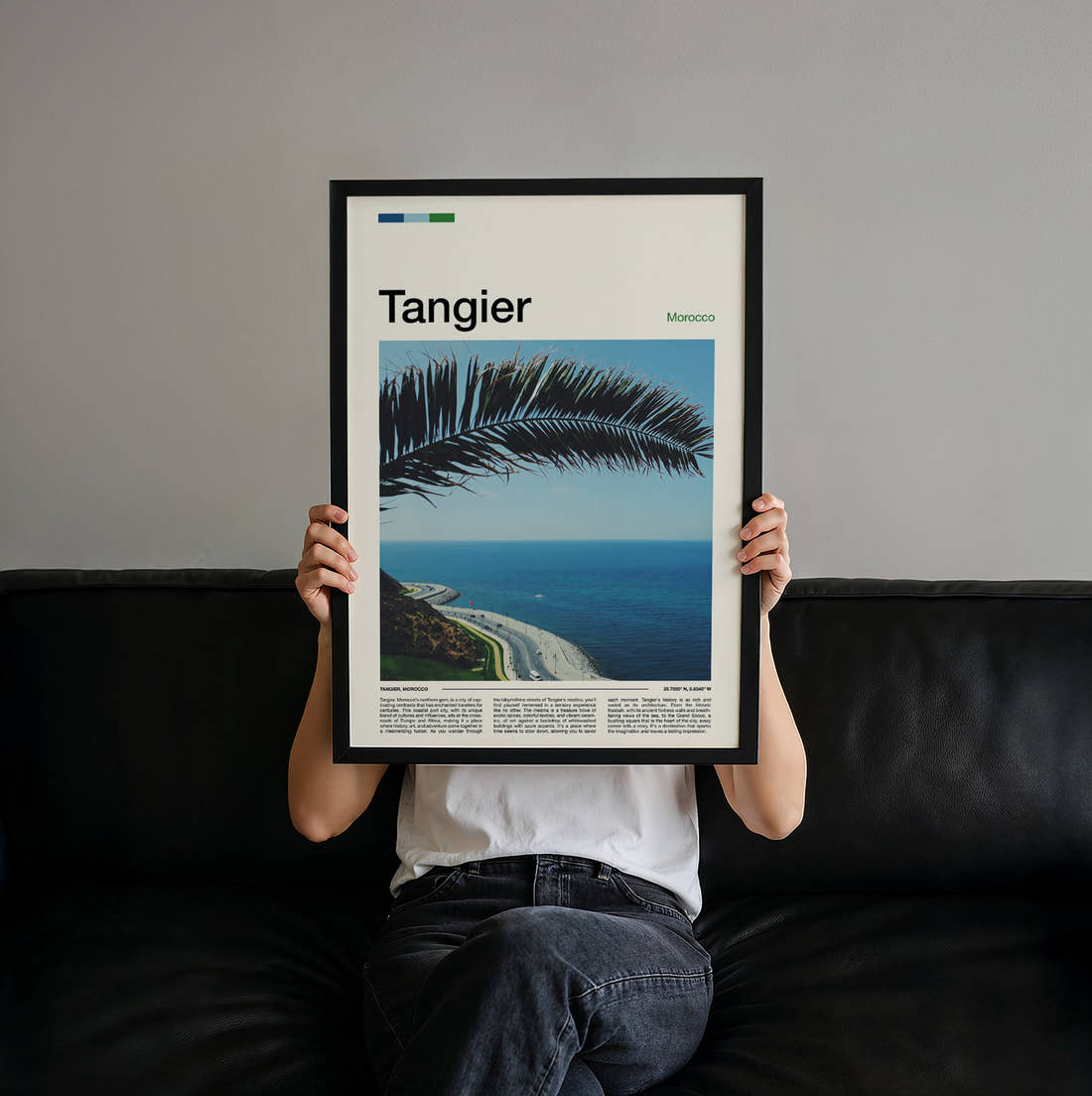 Tangier Palm Leaf Over Coast Travel Print held up by hand to show the size of the print