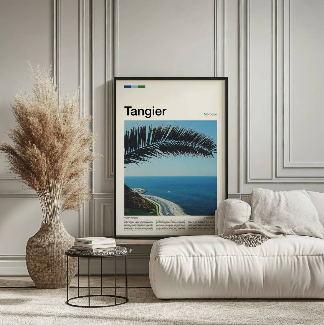 Tangier Palm Leaf Over Coast Travel Print framed on the wall of a calm, neutral bedroom