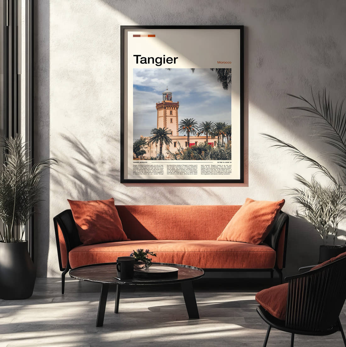 Tangier Clock Tower Travel Print framed on the wall of a modern living room