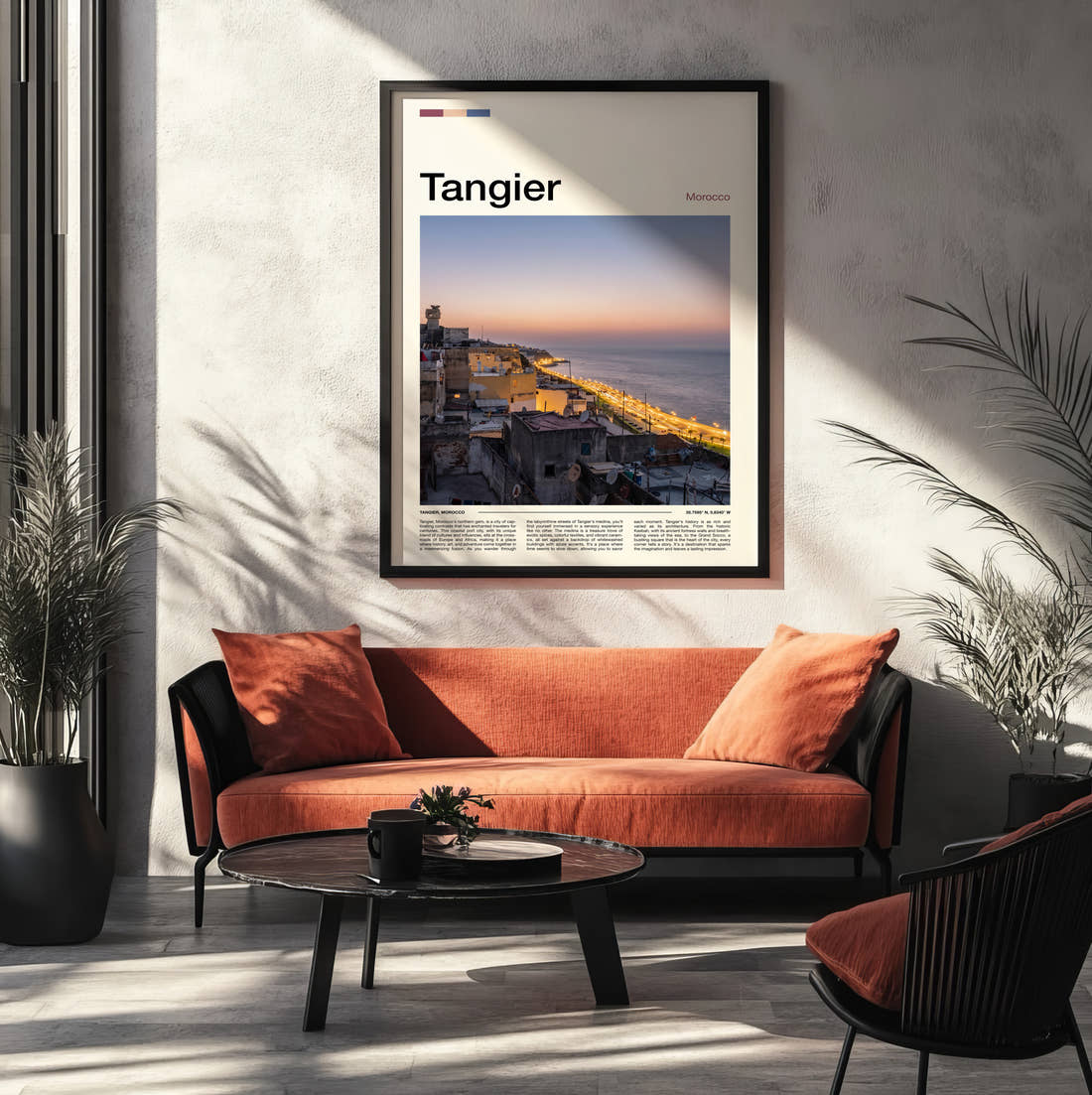 Tangier Hillside Town Above Sea Travel Print framed on the wall of a modern living room