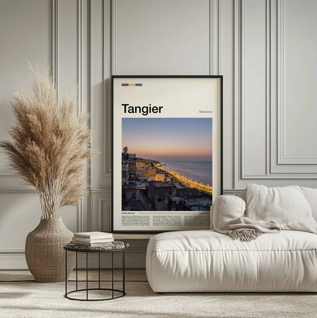 Tangier Hillside Town Above Sea Travel Print framed on the wall of a calm, neutral bedroom