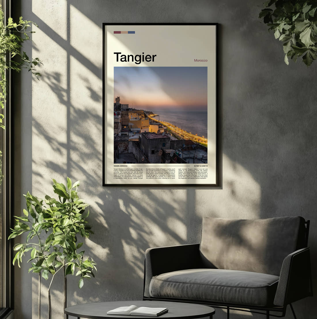 Tangier Hillside Town Above Sea Travel Print framed on the wall of a relaxed living room