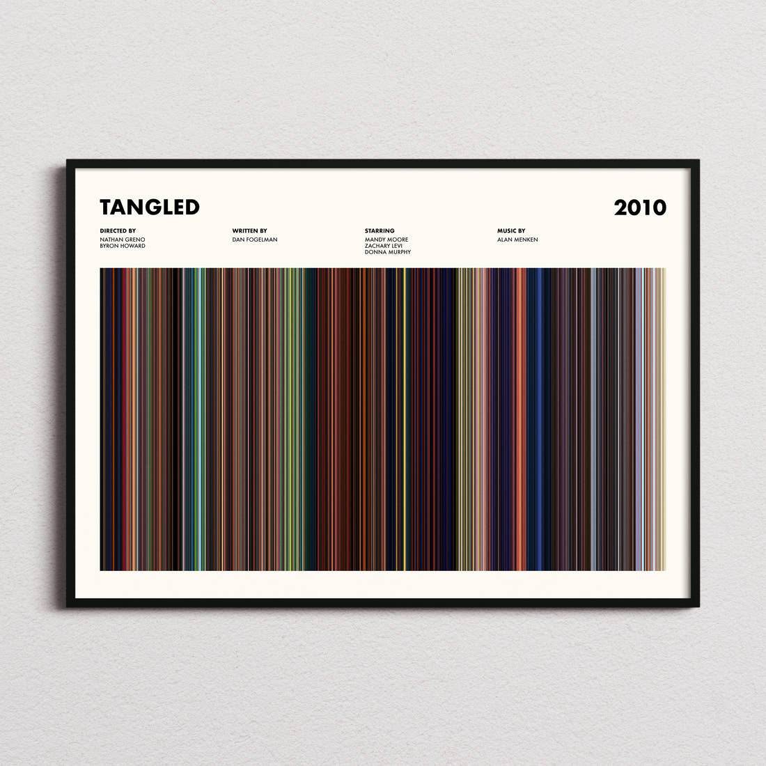 Tangled Movie Barcode Poster framed and photographed straight on