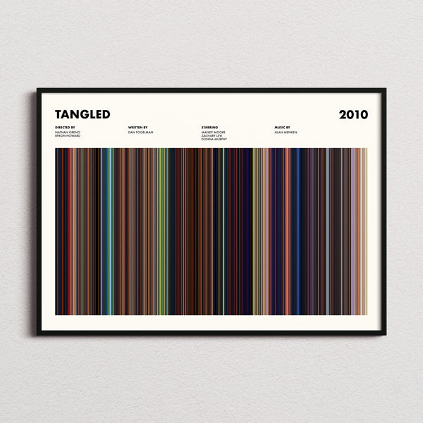 Tangled Movie Barcode Poster framed and photographed straight on