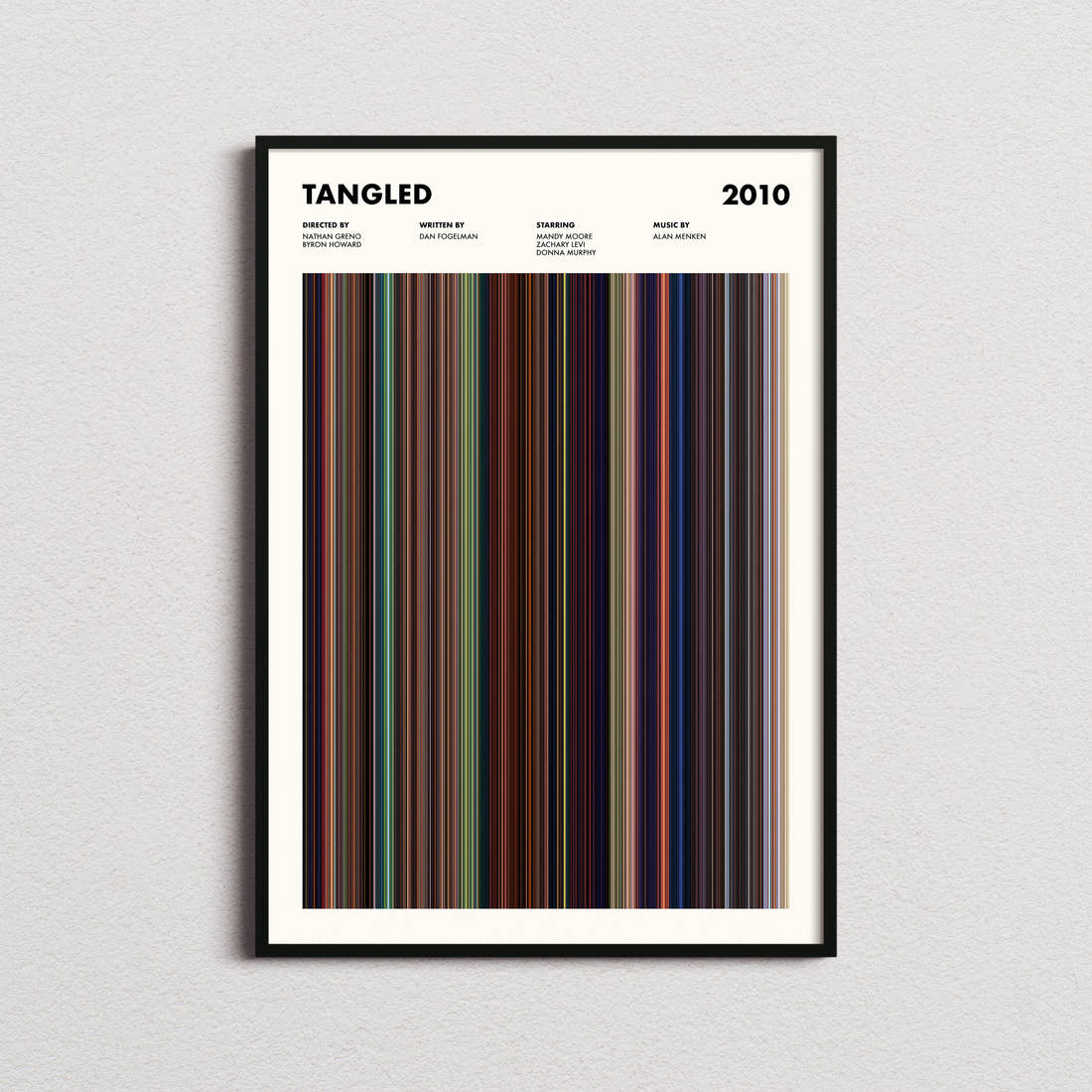 Tangled Movie Barcode Poster framed on a plain studio wall