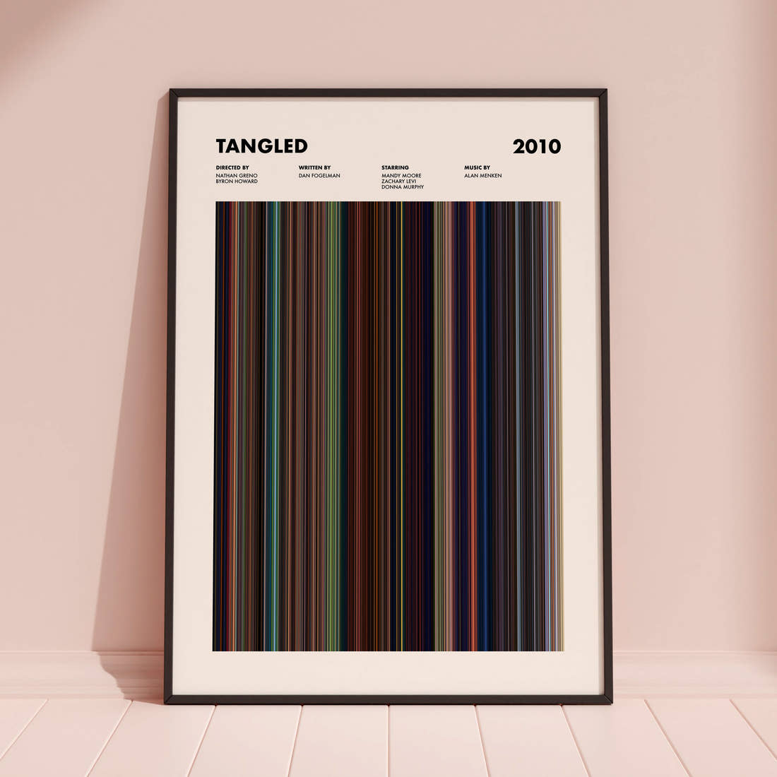 Tangled Movie Barcode Poster framed and leaning against a coloured wall