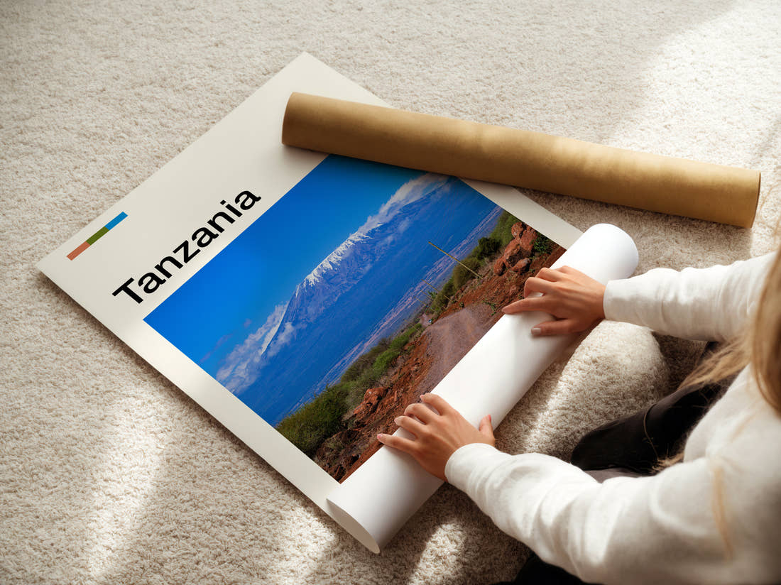 Tanzania Mount Kilimanjaro Beyond The Road Travel Print being unrolled from its postal tube
