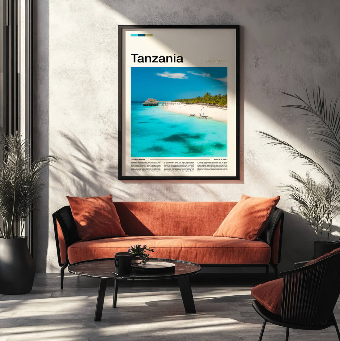 Tanzania Turquoise Lagoon Travel Print framed on the wall of a modern living room