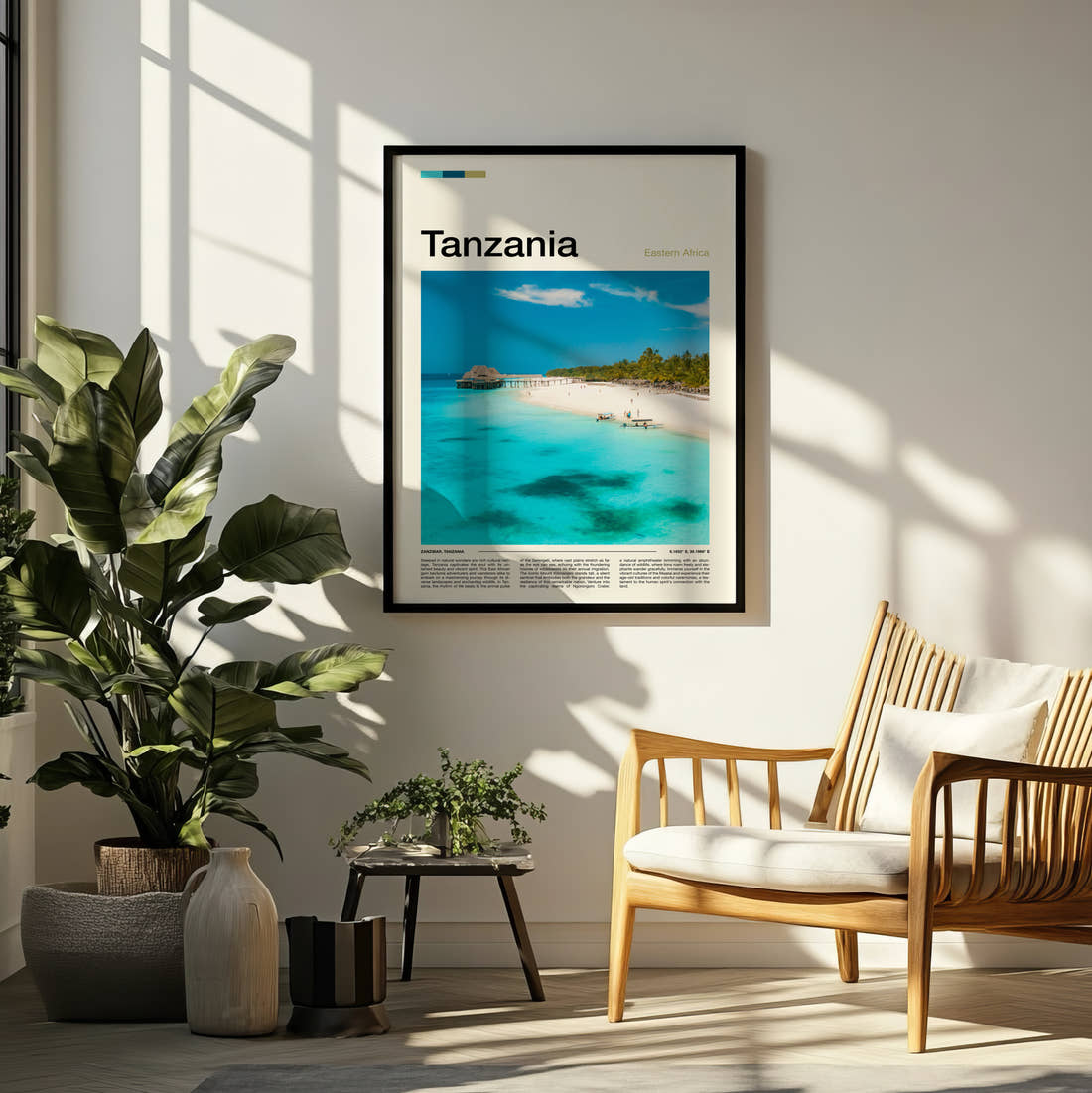 Tanzania Turquoise Lagoon Travel Print framed on a pale wall beside houseplants