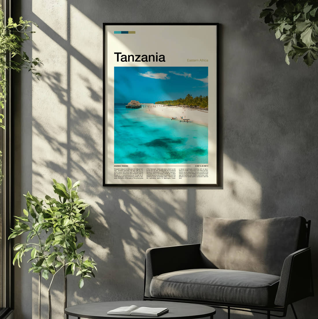 Tanzania Turquoise Lagoon Travel Print framed on the wall of a relaxed living room