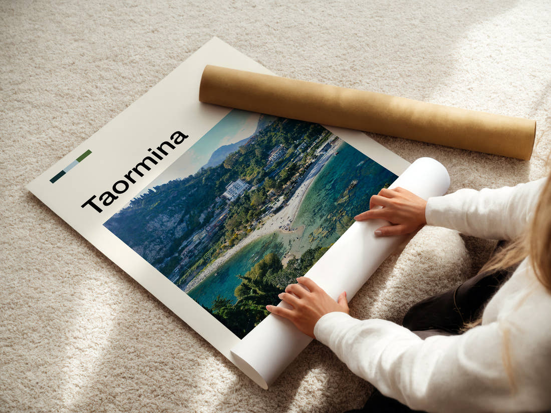 Taormina Coastal Hillside View Travel Print being unrolled from its postal tube