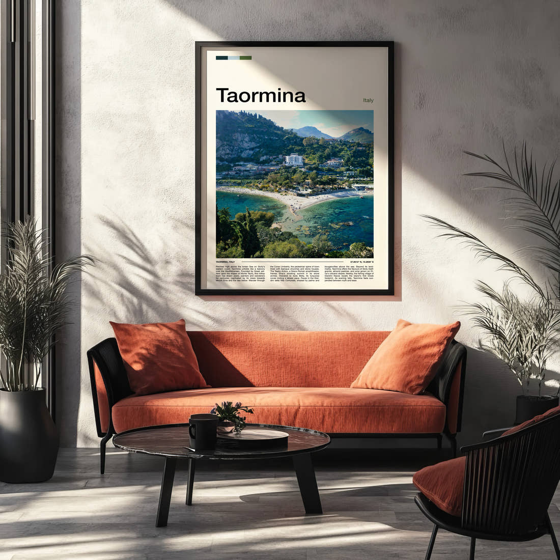 Taormina Coastal Hillside View Travel Print framed on the wall of a modern living room