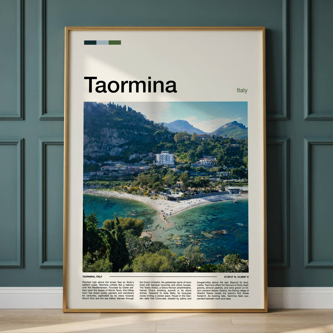 Taormina Coastal Hillside View Travel Print framed on the wall of a calm, neutral bedroom