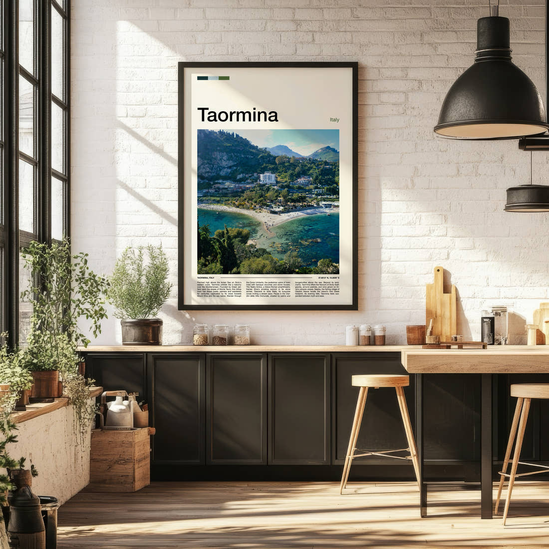 Taormina Coastal Hillside View Travel Print framed on the wall of a bright kitchen and dining space