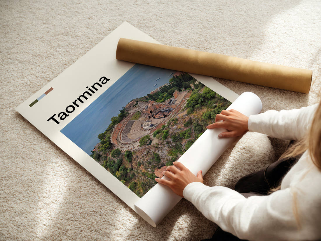 Taormina Ancient Amphitheatre Aerial Travel Print being unrolled from its postal tube