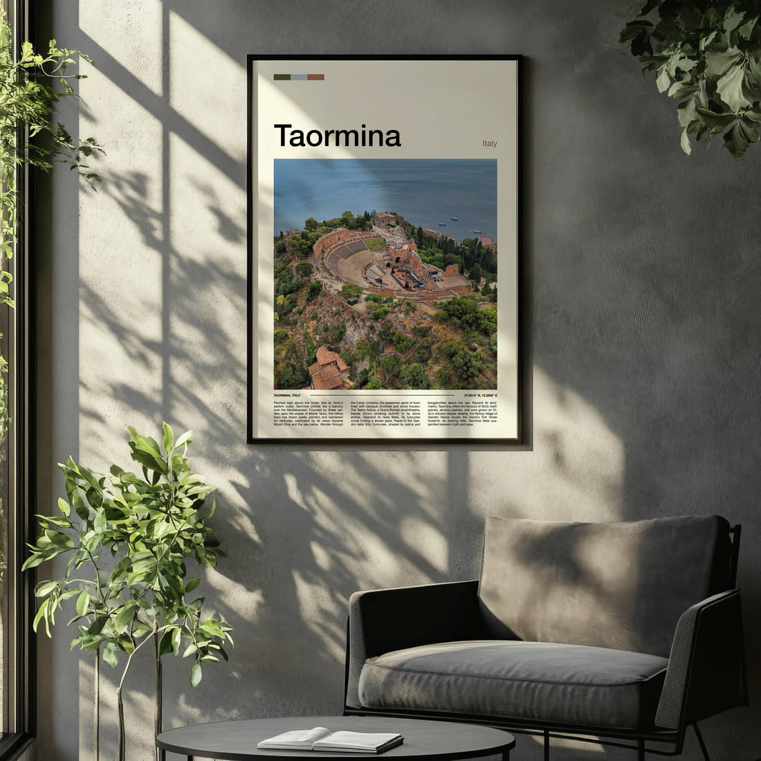 Taormina Ancient Amphitheatre Aerial Travel Print framed on the wall of a relaxed living room