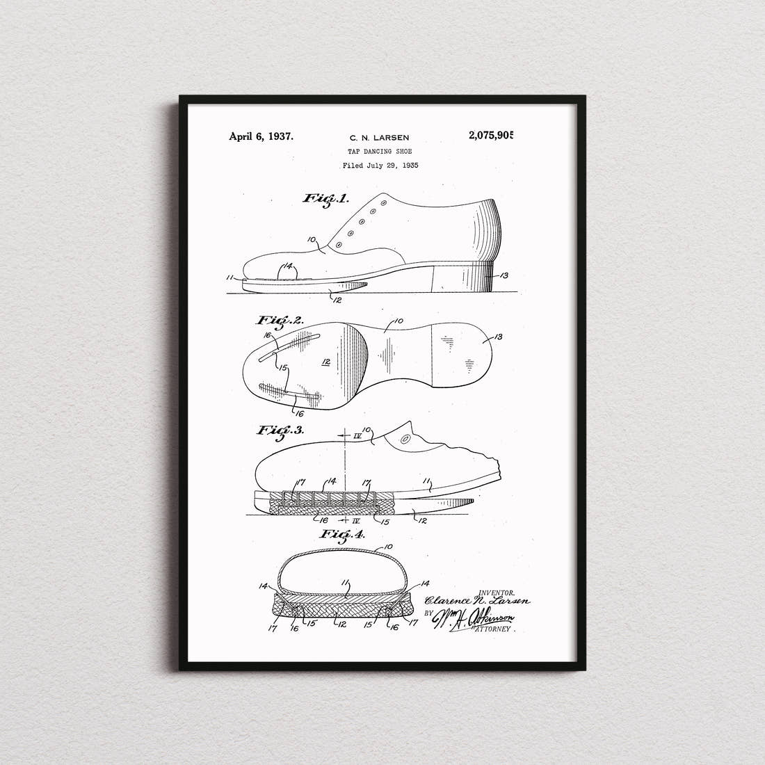 Tap Dancing Shoes Patent Print in the white colourway, framed