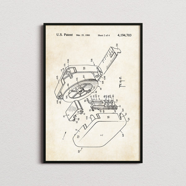 Tape Measure Patent Print in the aged paper colourway, framed