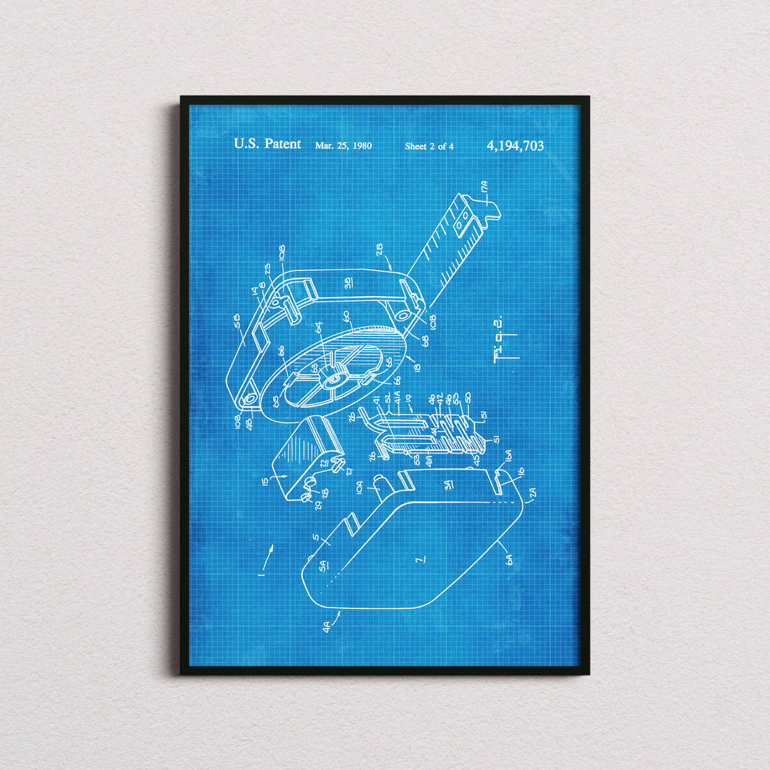 Tape Measure Patent Print in the blueprint colourway, framed