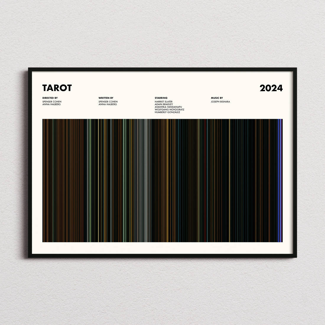 Tarot Movie Barcode Poster framed and photographed straight on
