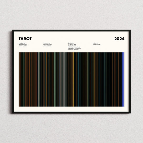 Tarot Movie Barcode Poster framed and photographed straight on