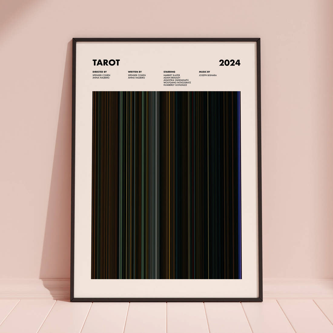 Tarot Movie Barcode Poster framed and leaning against a coloured wall