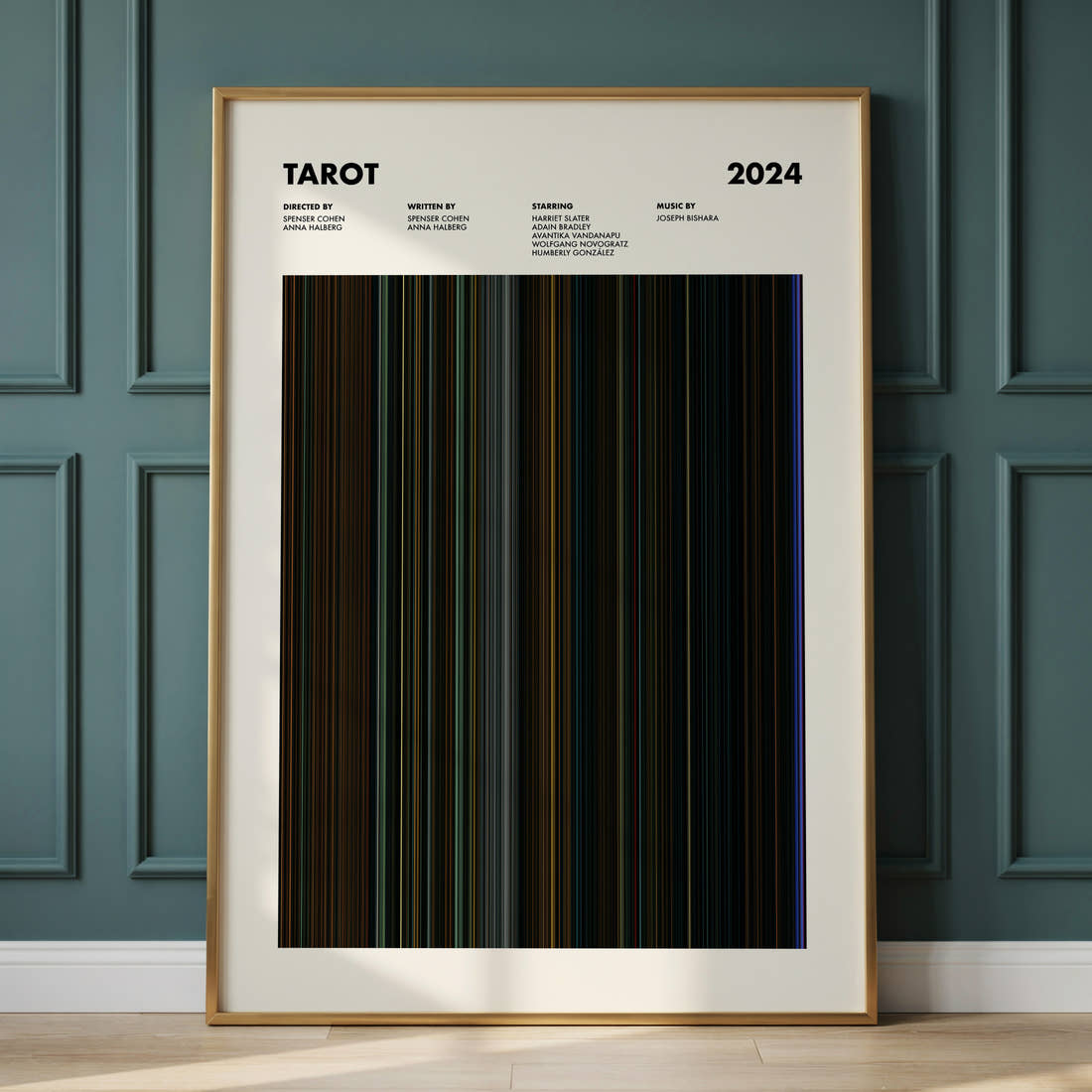 Tarot Movie Barcode Poster framed and leaning against a panelled wall