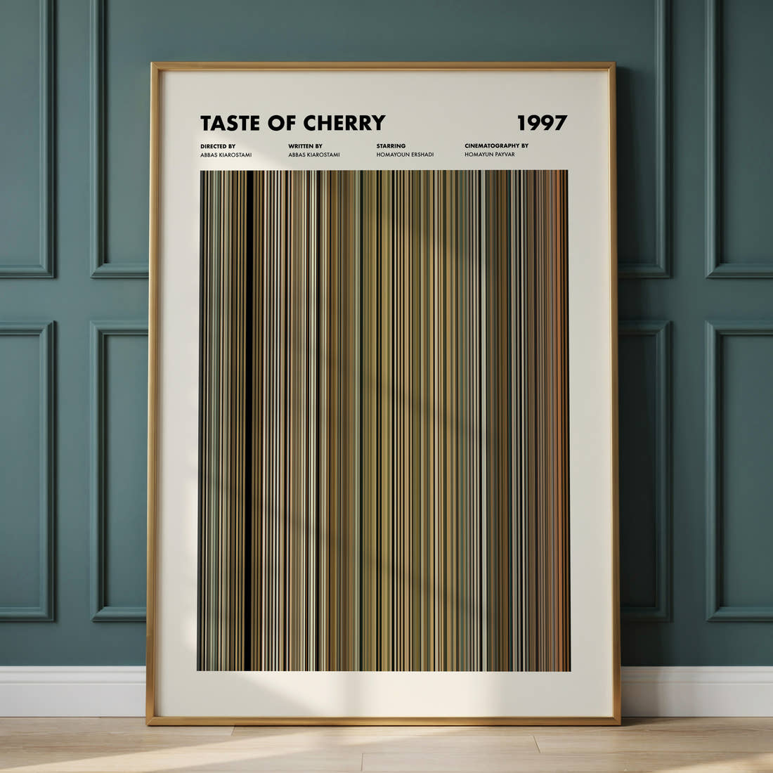 Taste of Cherry Movie Barcode Poster framed and leaning against a panelled wall