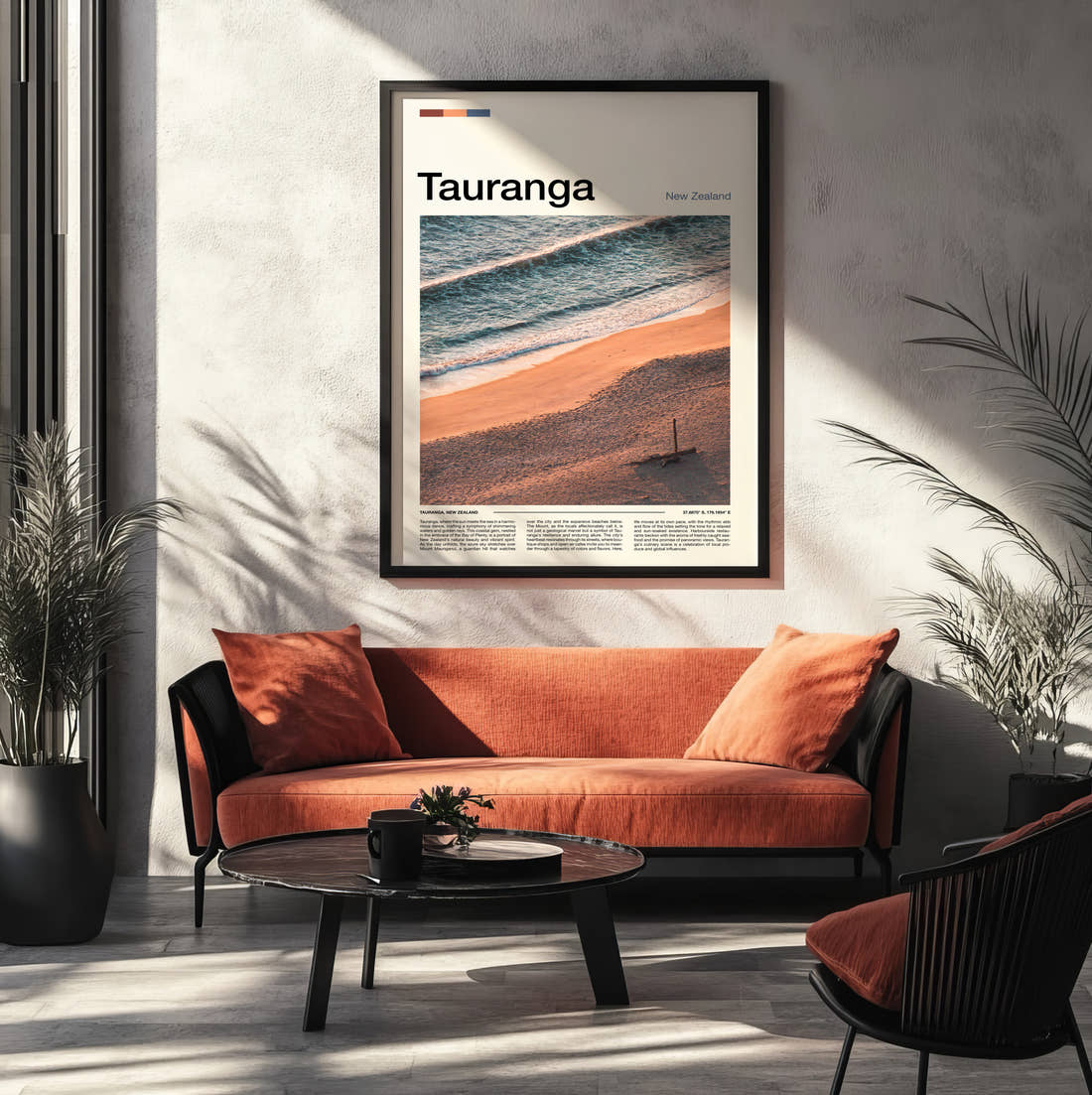 Tauranga Travel Print framed on the wall of a modern living room