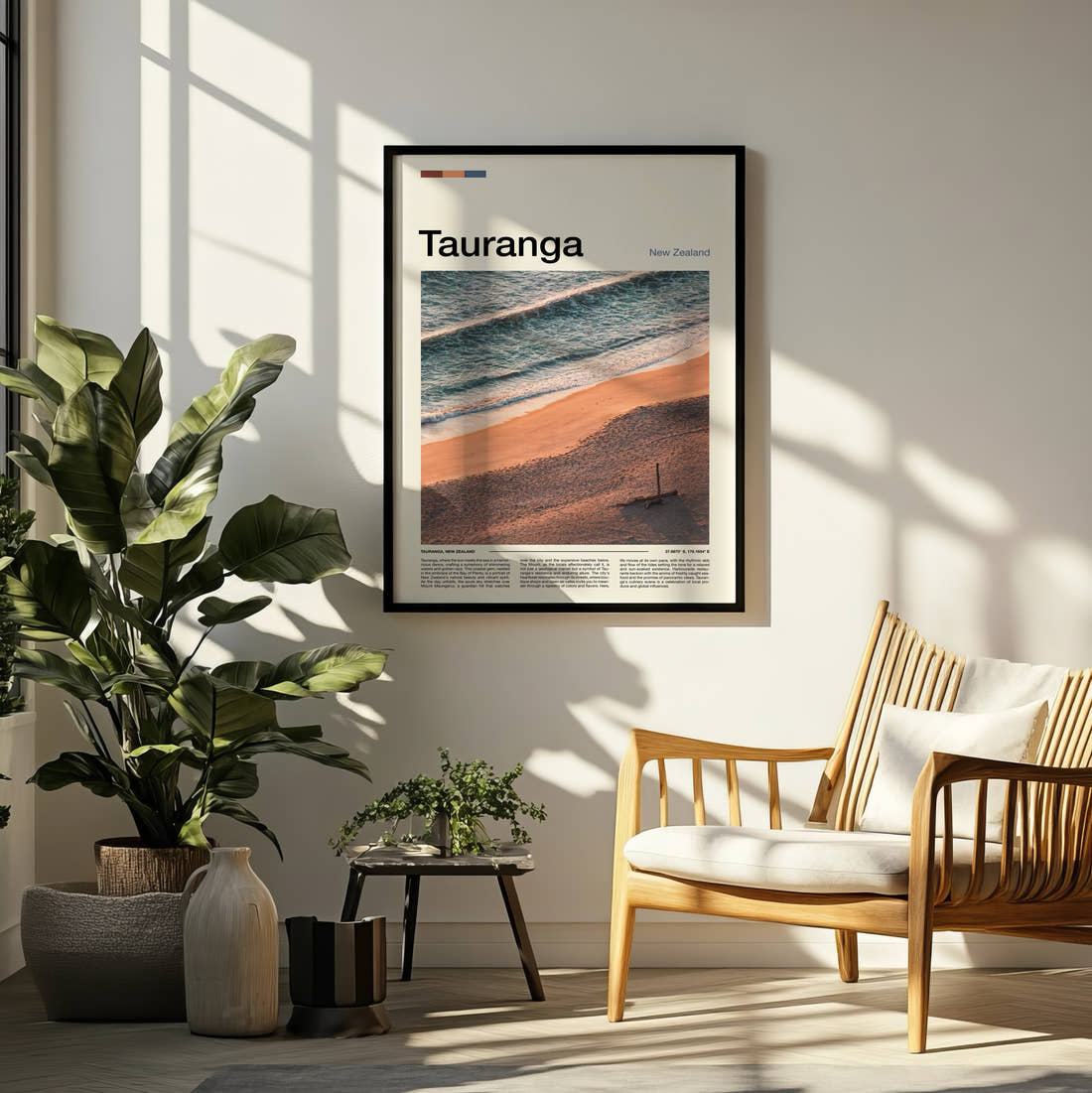 Tauranga Travel Print framed on a pale wall beside houseplants