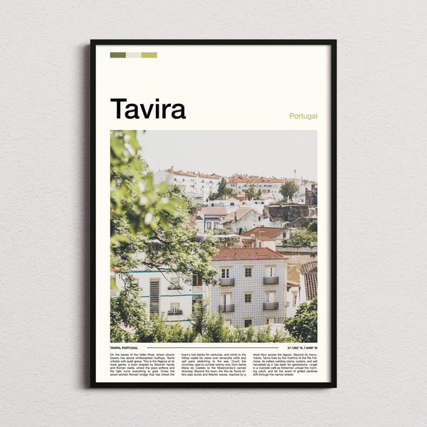 Tavira Whitewashed Hillside Town Travel Print framed and photographed straight on