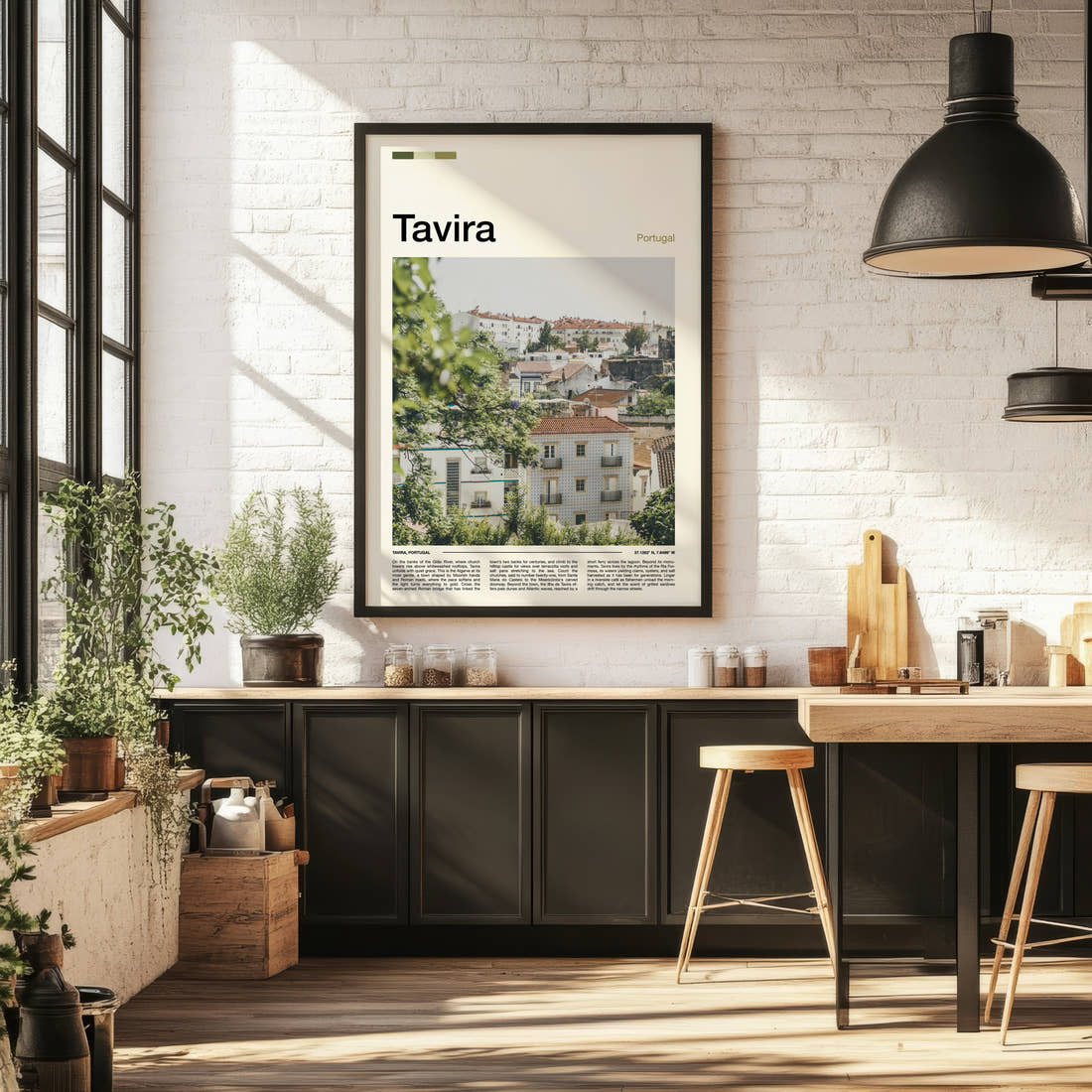 Tavira Whitewashed Hillside Town Travel Print framed on the wall of a bright kitchen and dining space
