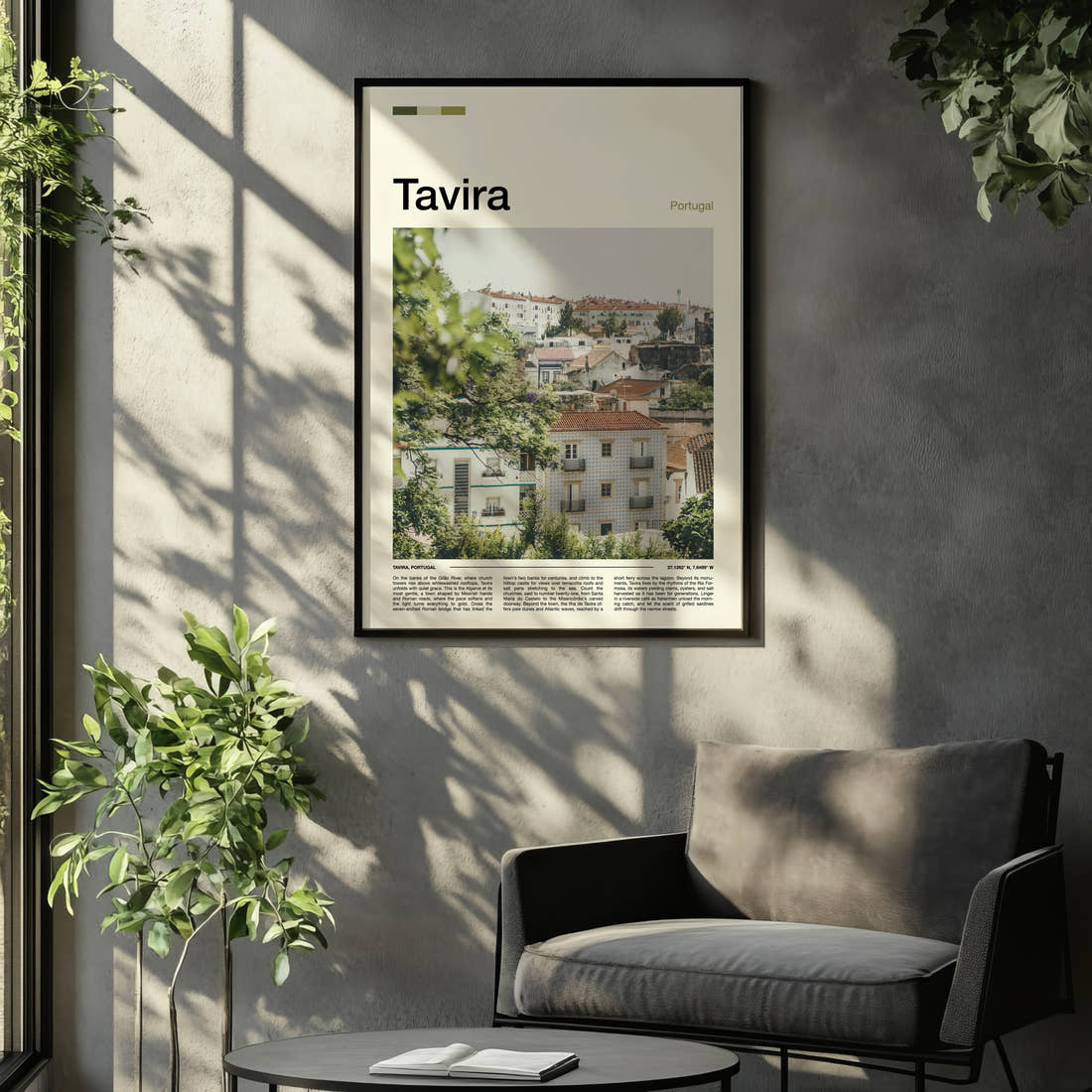 Tavira Whitewashed Hillside Town Travel Print framed on the wall of a relaxed living room