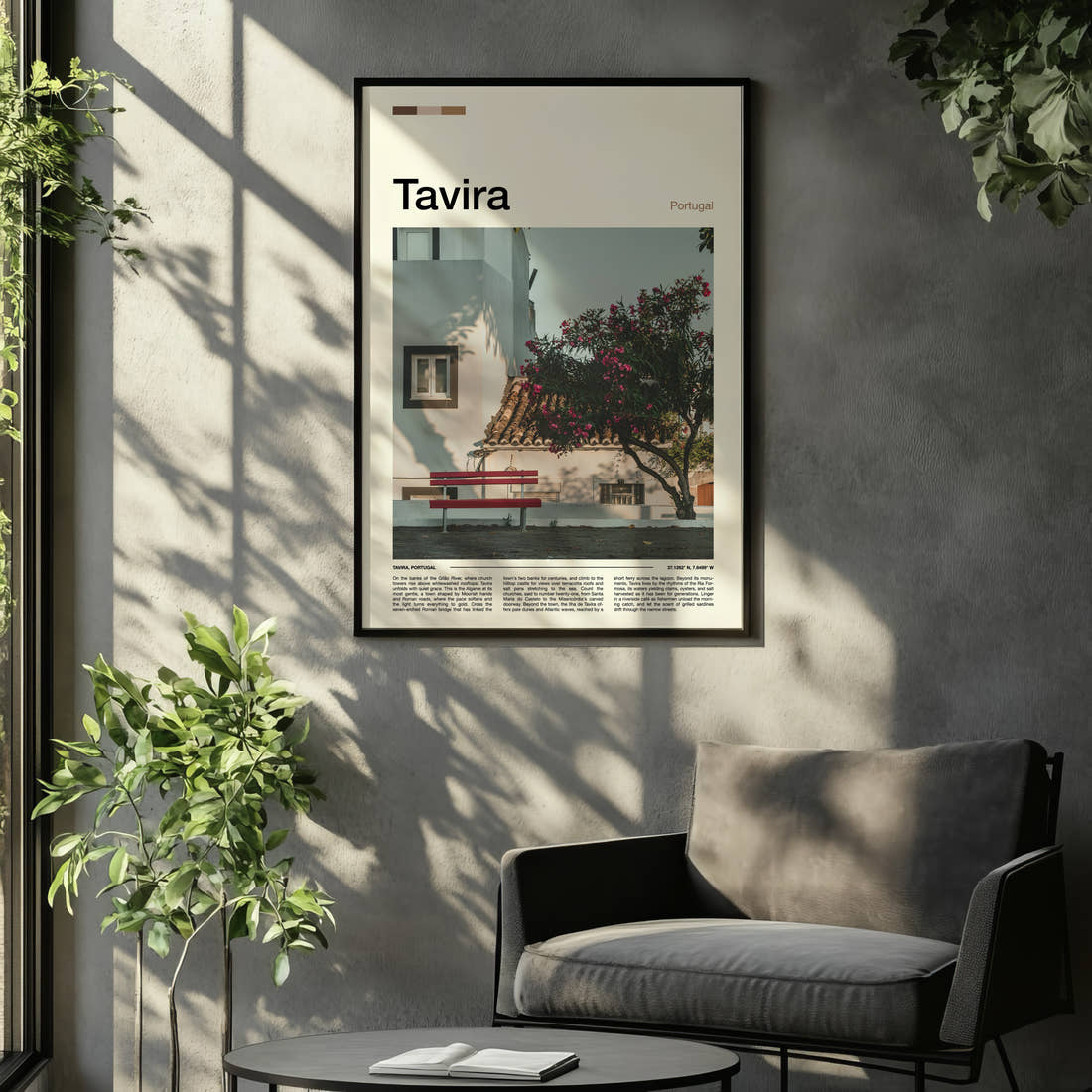 Tavira Whitewashed Courtyard Corner Travel Print framed on the wall of a relaxed living room