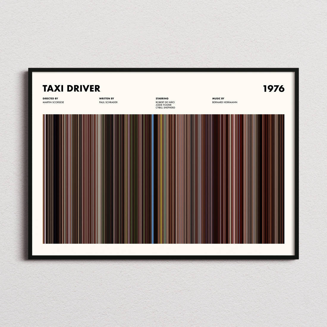 Taxi Driver Movie Barcode Poster framed and photographed straight on