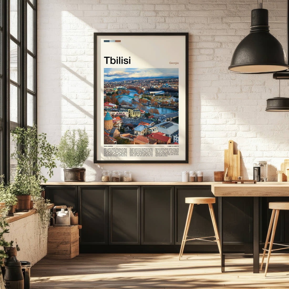Tbilisi Riverside City View Travel Print framed on the wall of a bright kitchen and dining space