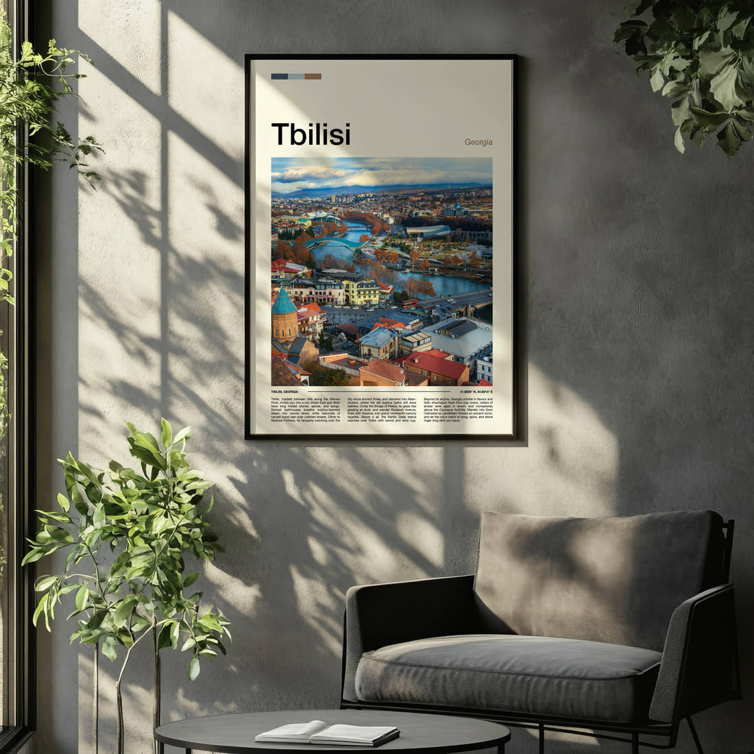Tbilisi Riverside City View Travel Print framed on the wall of a relaxed living room