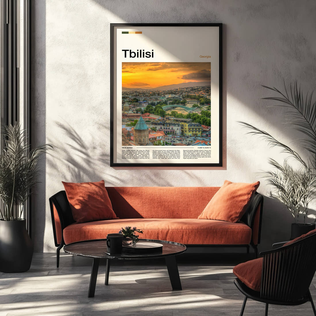 Tbilisi Sunset City Skyline Travel Print framed on the wall of a modern living room