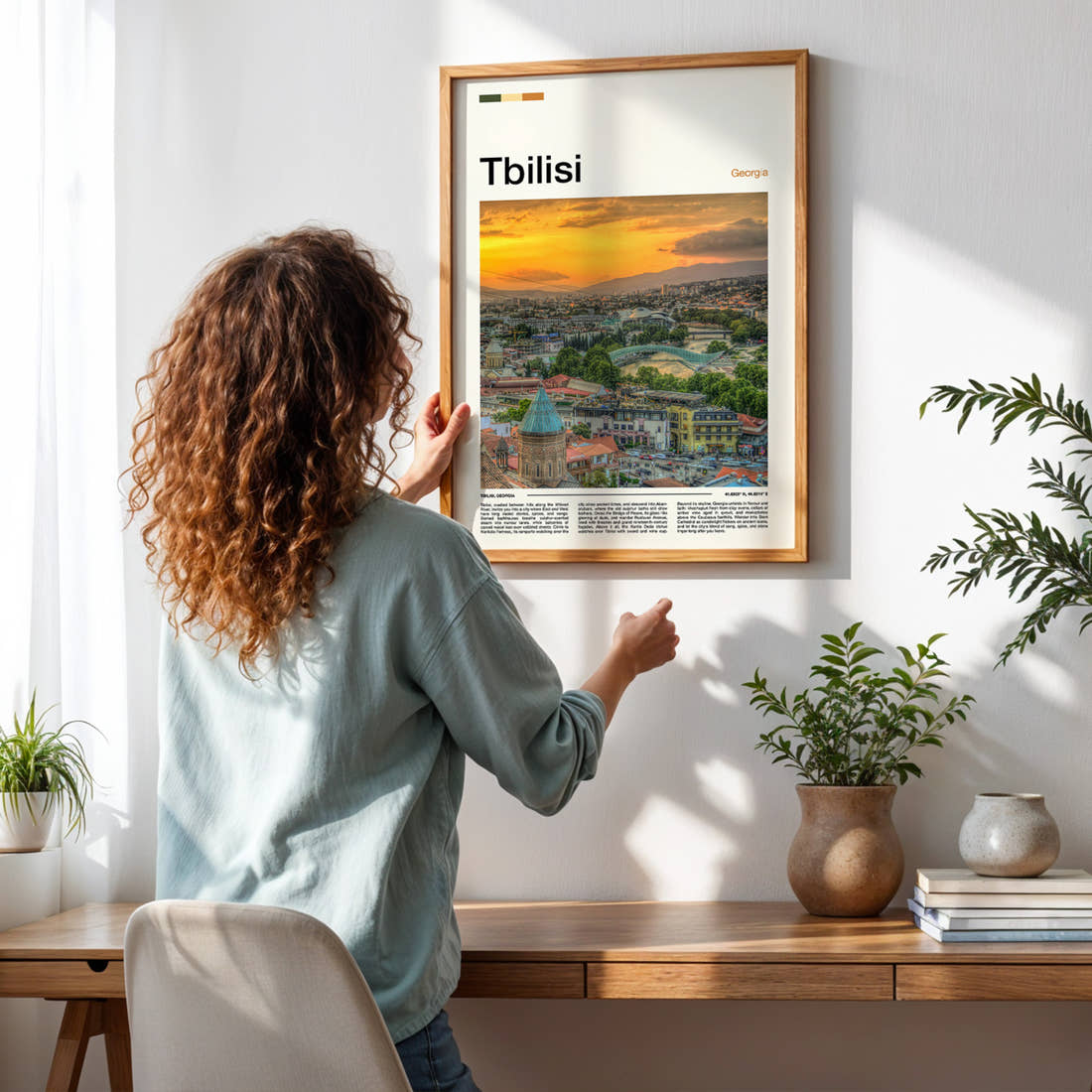 Tbilisi Sunset City Skyline Travel Print framed on a pale wall beside houseplants