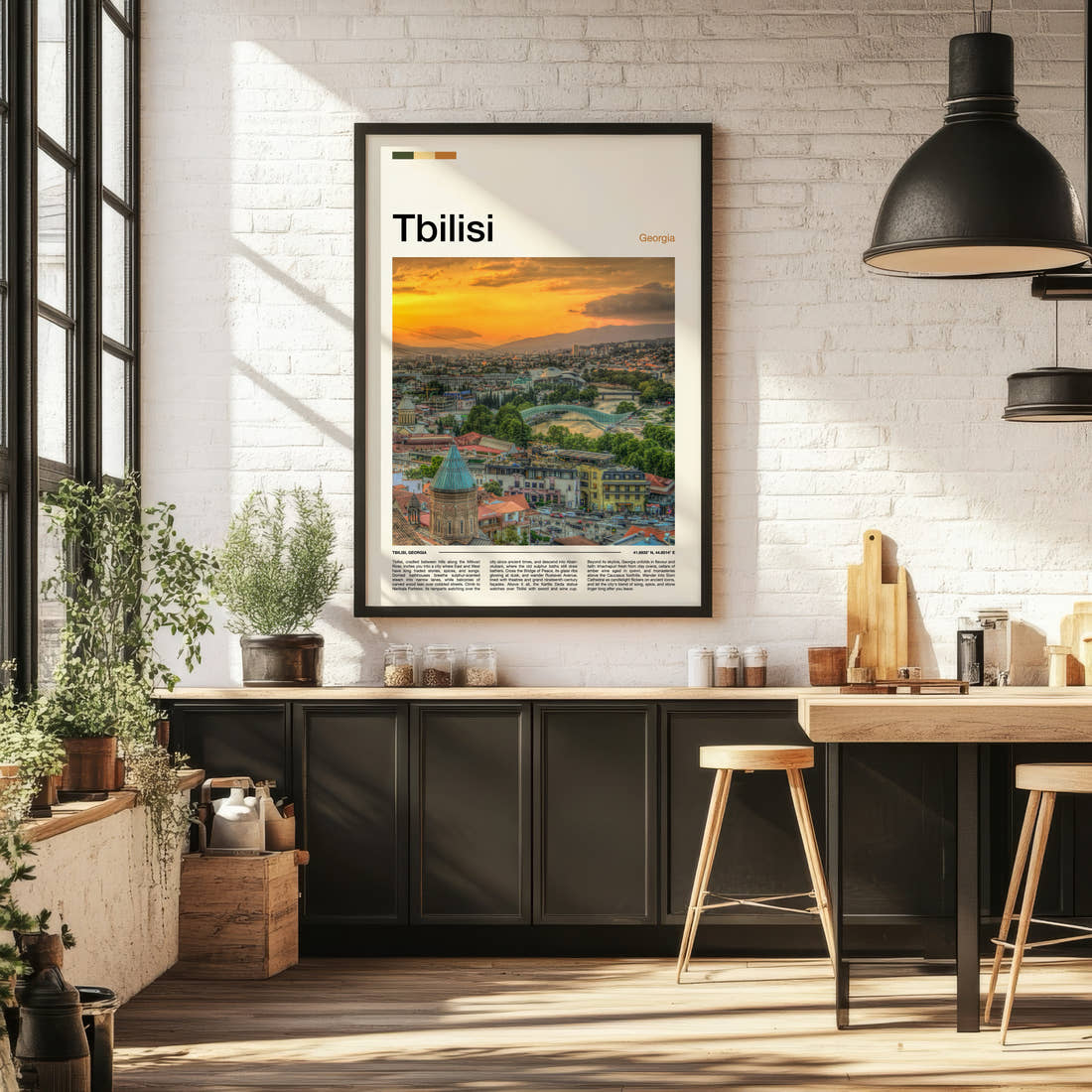 Tbilisi Sunset City Skyline Travel Print framed on the wall of a bright kitchen and dining space