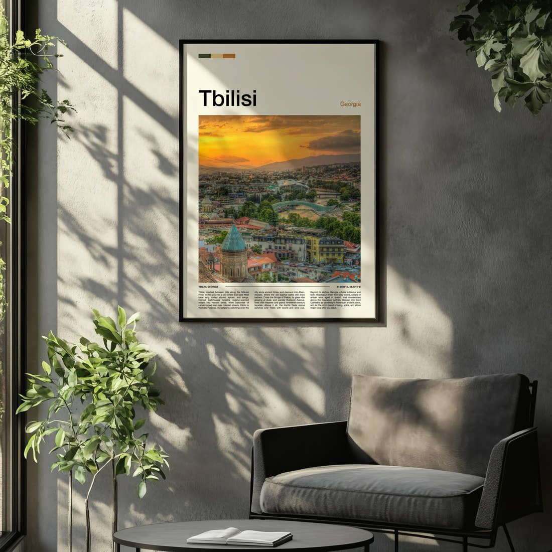 Tbilisi Sunset City Skyline Travel Print framed on the wall of a relaxed living room