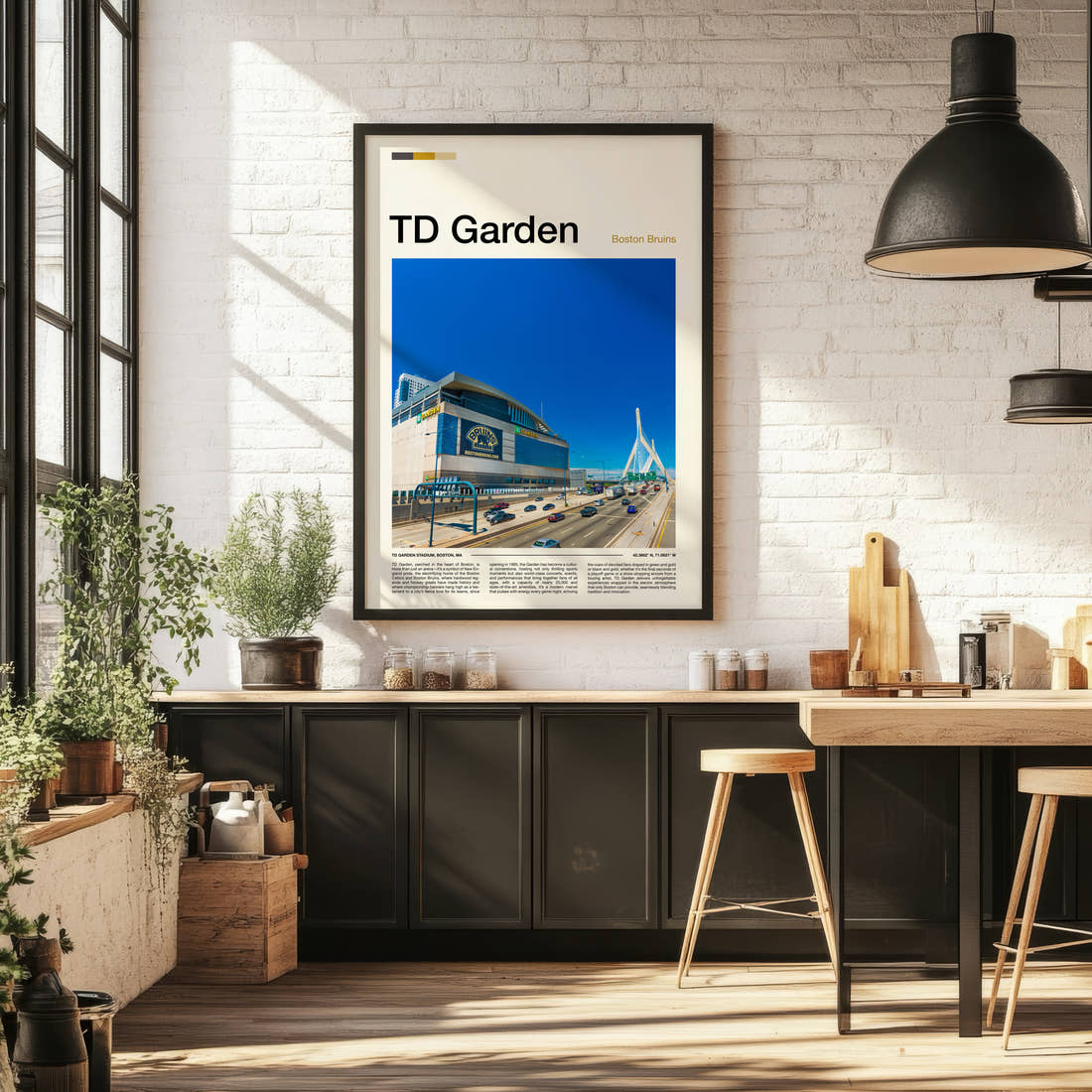 Td Garden Stadium Print framed on the wall of a bright kitchen and dining space