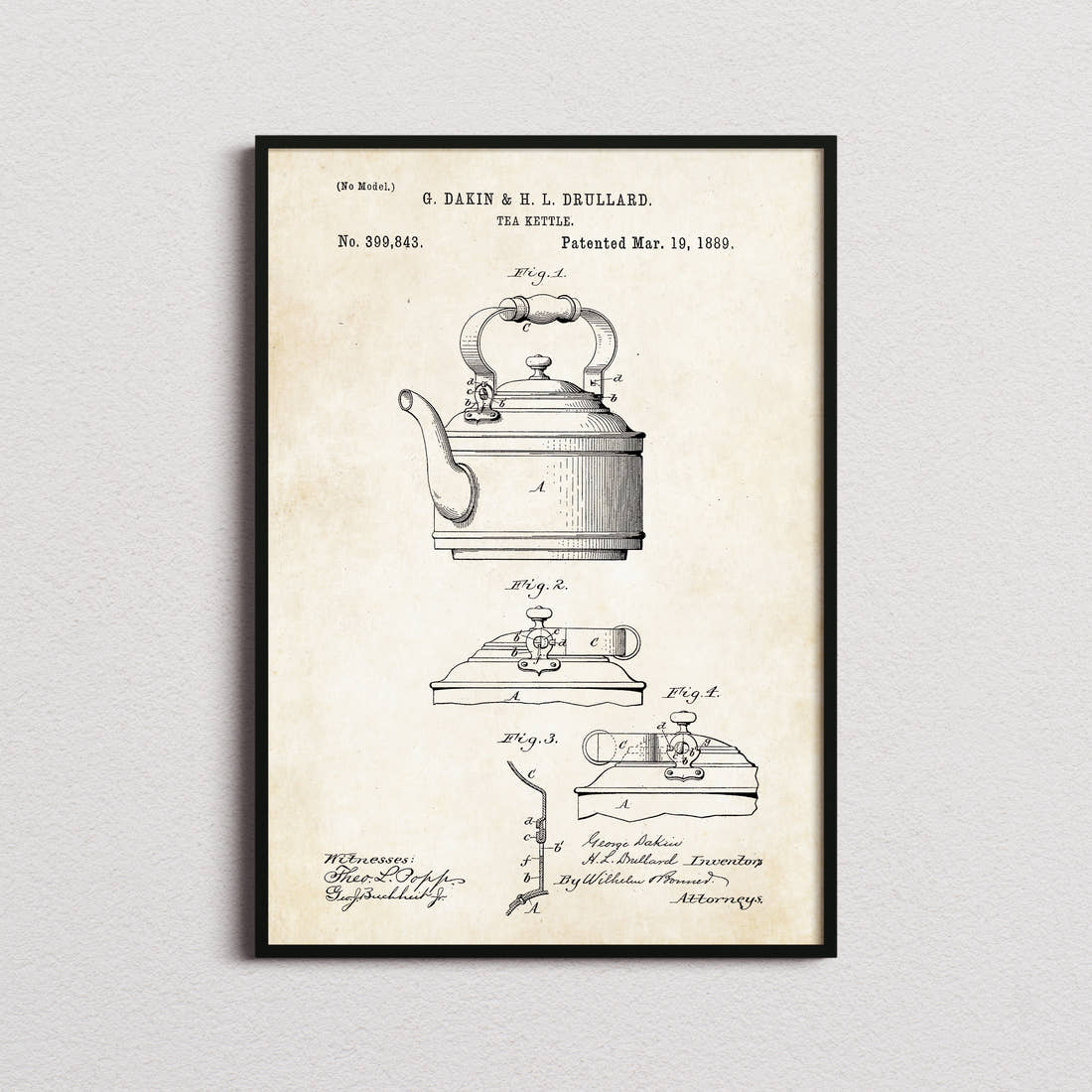 Tea Kettle Patent Print in the aged paper colourway, framed